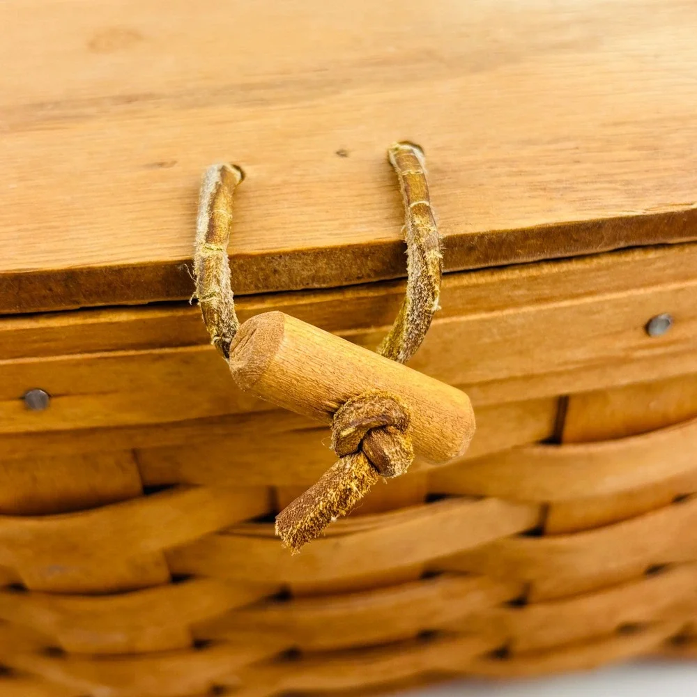 Vintage Longaberger Small Wood Picnic Basket Moving‎ Handle Brown Handwoven 1991